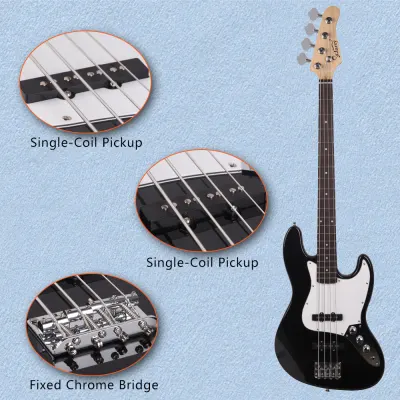 Glarry Black GJazz Single Coil Jazz Pickups Bass Electric Guitar w/ Gig Bag image 7