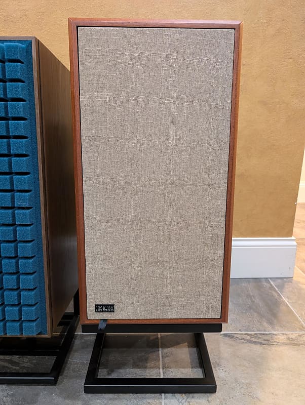 KLH Model Five Speakers – West African Mahogany | Includes Grilles &amp; Riser Bases (Pair)  			