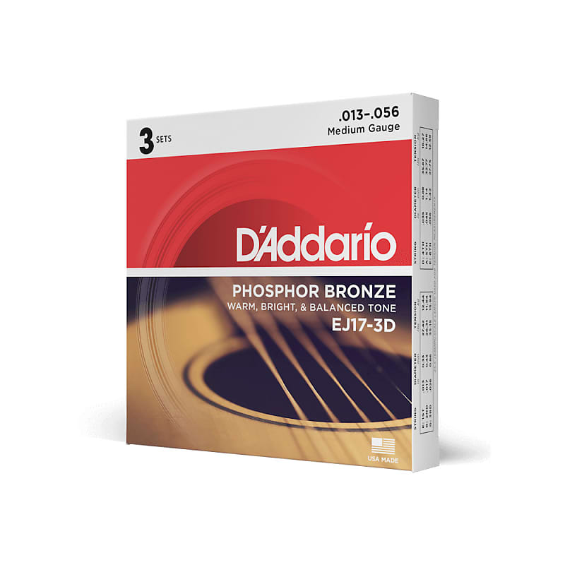 D'Addario EJ17-3D Phosphor Bronze Acoustic Guitar Strings - Medium, 13-56, 3 Sets image 1