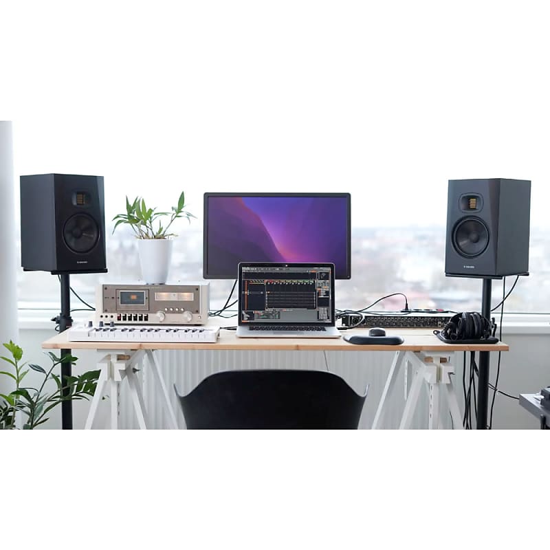 Adam Audio T7V Studio Monitor (Pair) with Frameworks Isolation Pads, Hosa  Interconnect Cables, XLR Cables and Clamp-On Studio Monitor Stands