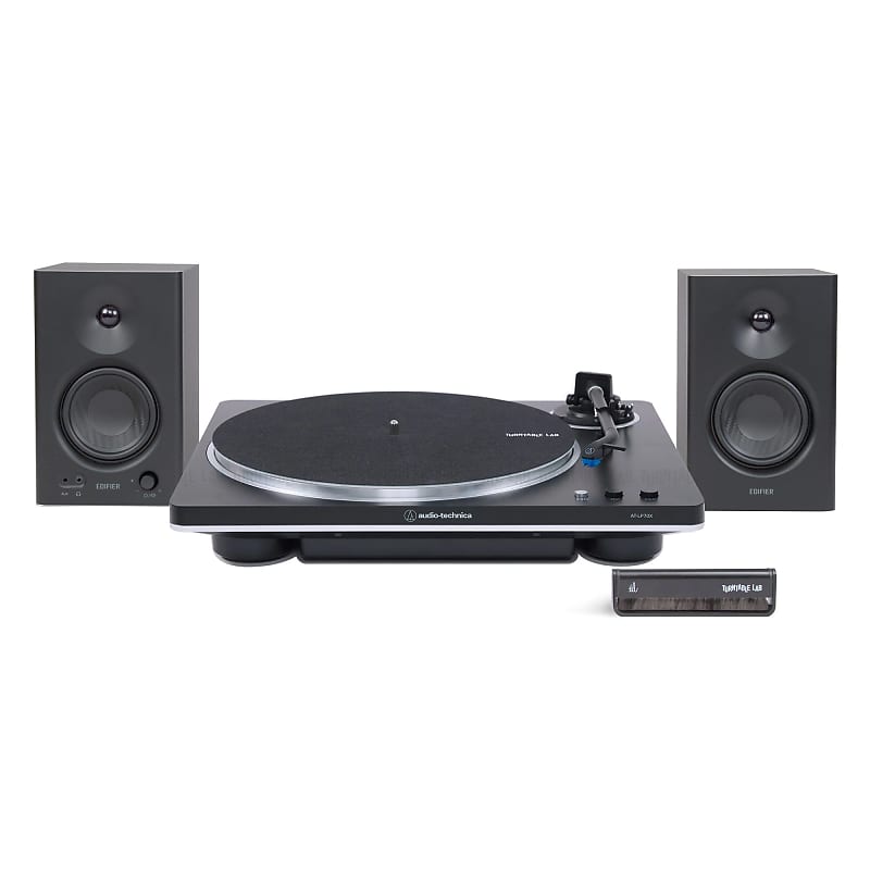 Audio-Technica: AT-LP70X / Edifier MR4 / Turntable Package Black Turntable / Black Speakers  			