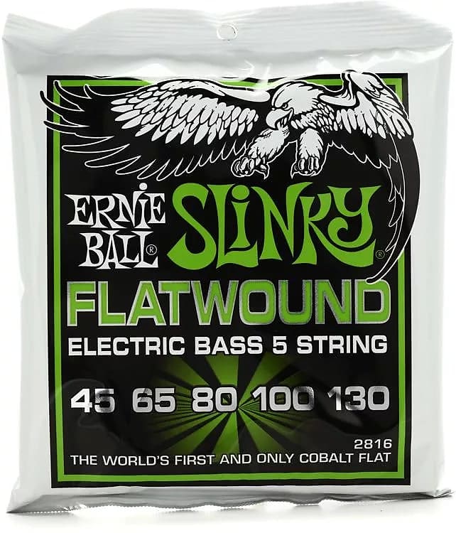 Ernie Ball 2816 Slinky Flatwound 5-String Regular Electric Bass Strings (45-130) 2010s - Silver image 1