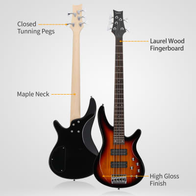 Glarry 44 Inch GIB 5 String H-H Pickup Laurel Wood Fingerboard Electric Bass Guitar with Bag and other Accessories Sunset Color image 8
