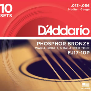 D'Addario EJ17-10P Phosphor Bronze Acoustic Guitar Strings 10-Pack, Medium Gauge