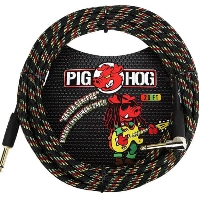 Pig Hog PCH20RAR 1/4' Straight to 1/4' Right-Angle Rasta Stripes Instrument Cable, 20 feet image 1