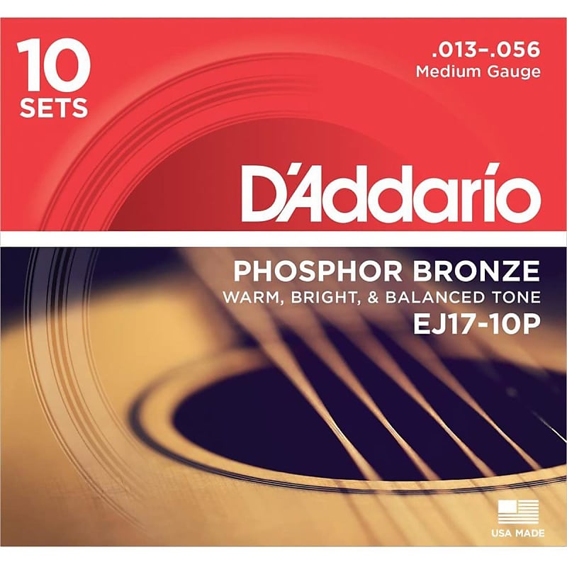 D'Addario EJ17 Phosphor Bronze Acoustic Guitar Strings Set, Medium, 13-56 Gauge, 10-Pack image 1
