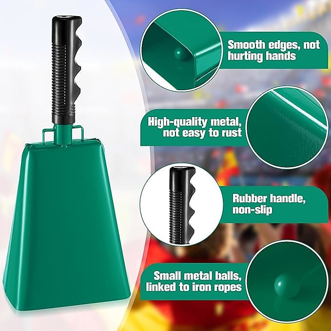 2 Pack Large Red Metal Cowbells for Football Games, 9 Inch Hand Percussion  Noise Makers with Handles for Sporting Events, Graduations, Stadiums