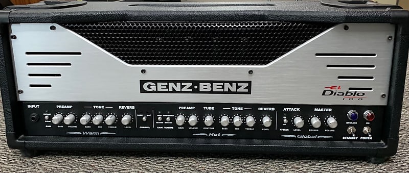 Genz Benz El Diablo 100 watt tube head with footswitch, padded cover, &  manual