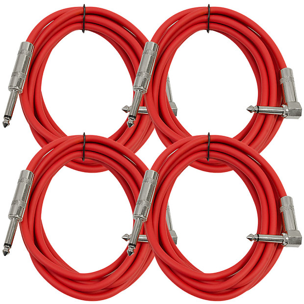 Seismic Audio SAGC10R-RED-4PACK Right Angle to Straight 1/4" TS Guitar/Instrument Cables - 10' (4-Pack) image 1