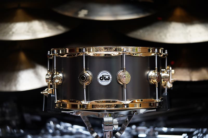 DW USA Collectors Series Black Satin Over Brass 6.5" x 14" Snare Drum w/ Gold Hardware (2023) image 1