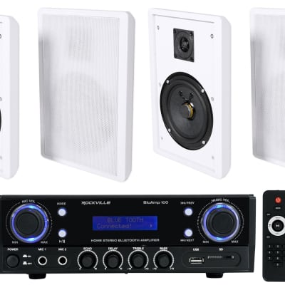 Rockville BLUAMP 100 Home Stereo Receiver Amplifier+4) White Wall Mount Speakers image 1