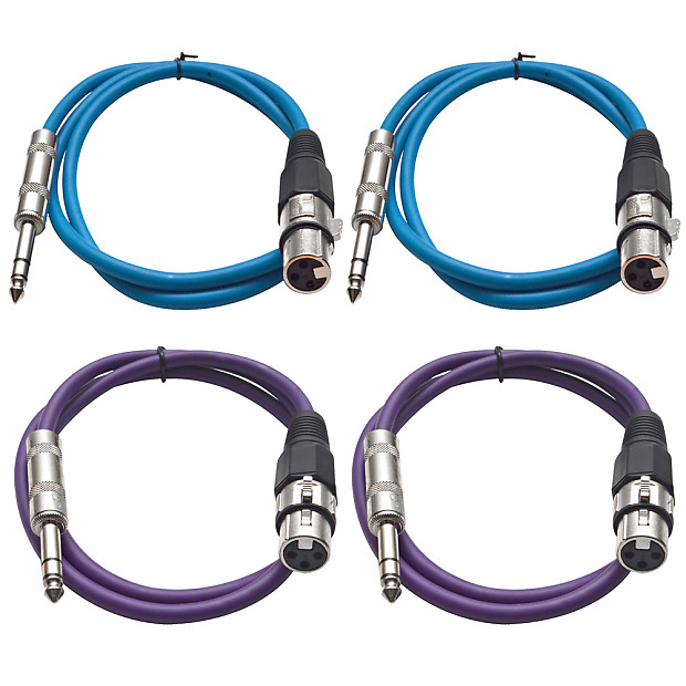 Seismic Audio SATRXL-F3-2BLUE2PURPLE 1/4" TRS Male to XLR Female Patch Cables - 3' (4-Pack) image 1