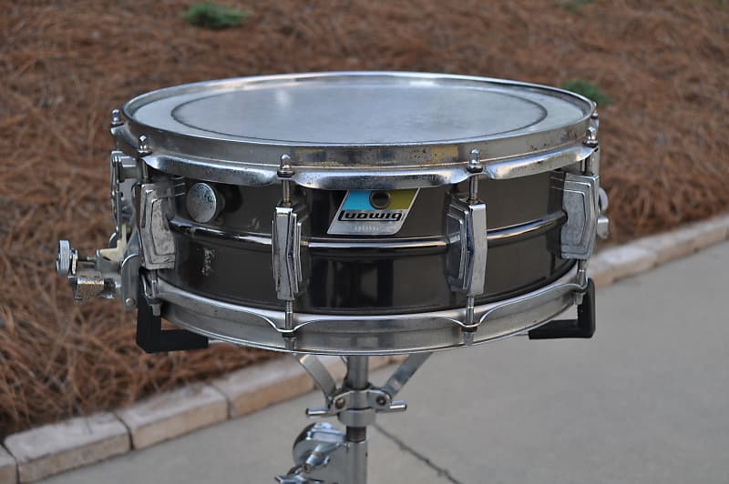Ludwig No. 418 Black Beauty Super-Sensitive 5x14" Brass Snare Drum with Pointed Blue/Olive Badge 1977 - 1979	 image 2