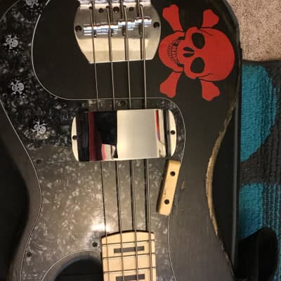 New Panick  Custom shop Road worn  black stain finish Skull and Bones custom precision bass guitar image 5