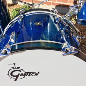 1959/60 Gretsch Round Badge Broadkaster Name-Band Drum Set - Blue Glass Glitter 22/13/16/5x14 Snare image 6