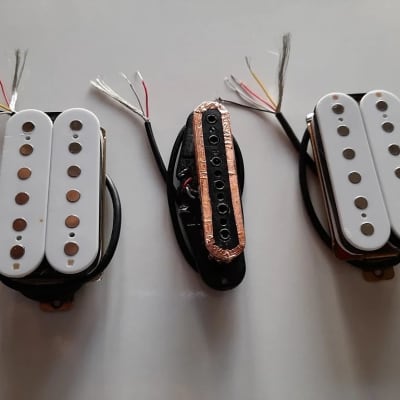 Handmade prewired HSH Neodymium Strat pickguard with HB split switch TR BL and mid PU cutoff switch image 14