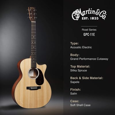 Martin Guitar Road Series GPC-11E Acoustic-Electric Guitar with Gig Bag, Sitka Spruce and Sapele Construction, GPC-14 Fret and Performing Artist Neck Shape with High-Performance Taper image 5