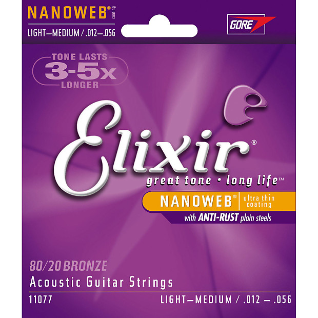 Elixir 11077 Nanoweb 80/20 Bronze Acoustic Guitar Strings - Light Medium (12-56) image 1