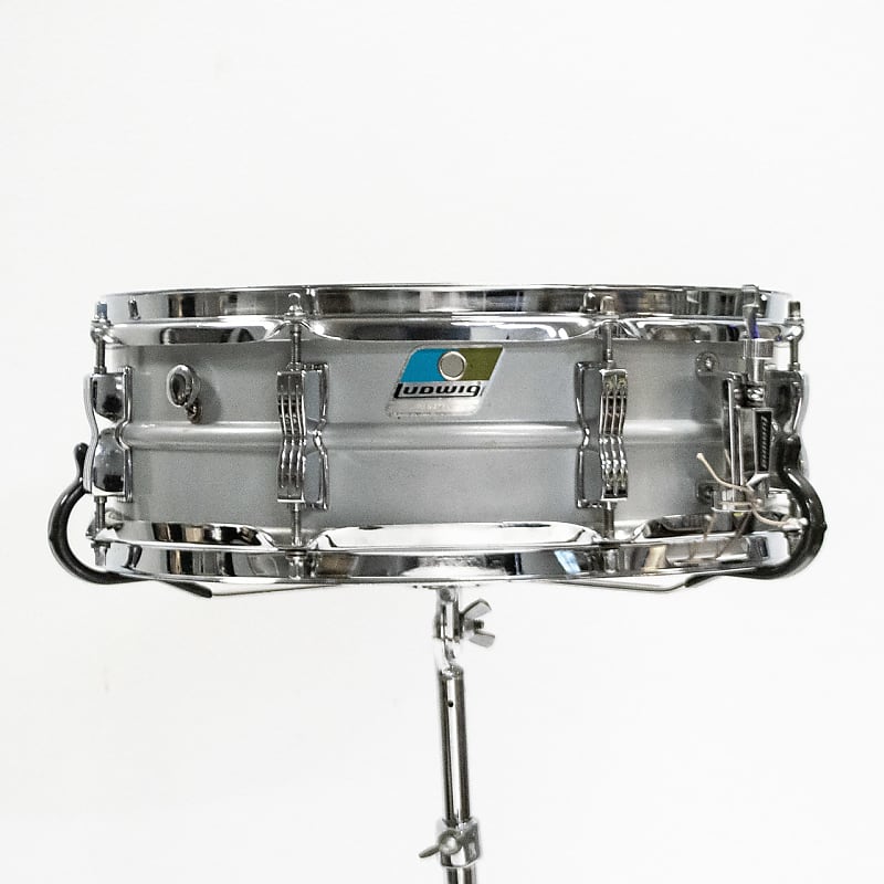 Ludwig L-404 Acrolite 5x14" Aluminum Snare with Rounded Blue/Olive Badge 1980s image 2