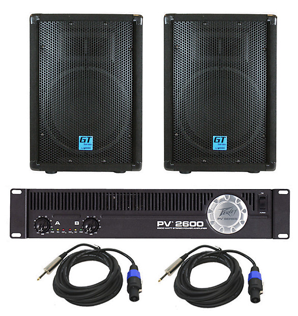 Peavey PV2600 Pro Audio DJ Rack Mount 1800 Watt Power Amp Amplifier w Cables Gemini GT 1004 Speakers Reverb