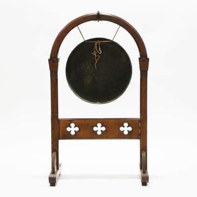 Victorian Era Gothic Revival Dinner Gong 14” Brass Cymbal & Oak Frame Stand Rare Vintage Percussion w/ Mallet image 6