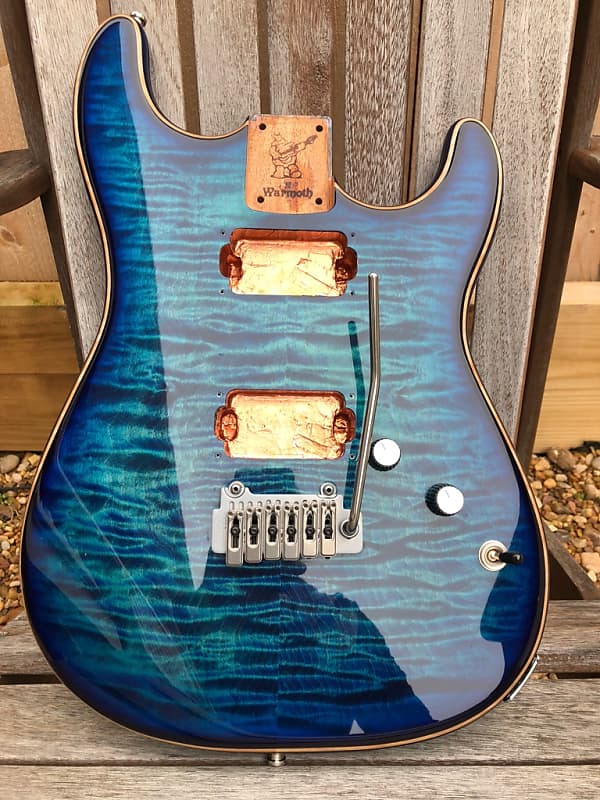 Warmoth Chambered Mahogany Stratocaster body w/ Flame Maple Top 2014  Transparent Blue