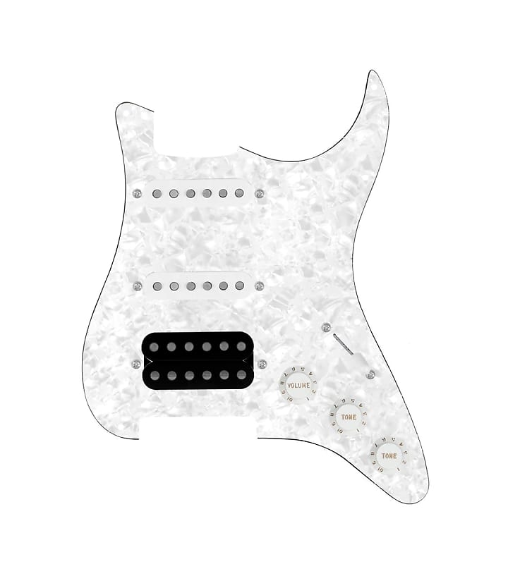 920D Custom HSS Loaded Pickguard For Strat With An Uncovered Cool Kids Humbucker, White Texas Grit Pickups, Black Knobs, and White Pearl Pickguard image 1