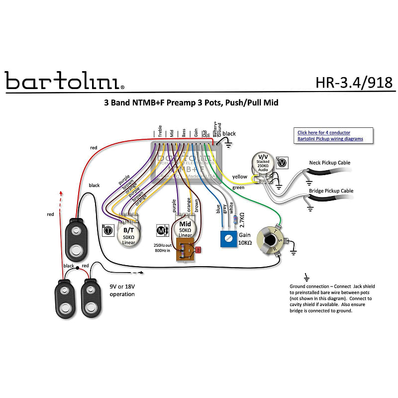 NEW Bartolini HR-3.4/918 Active Pre-Wired Harness NTMB+F Preamp 5