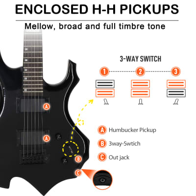 Glarry Flame Shaped H-H Pickup Electric Guitar Kit with 20W Electric Guitar AMP Bag Strap Picks Shake Cable Wrench Tool 2020s - Black image 3