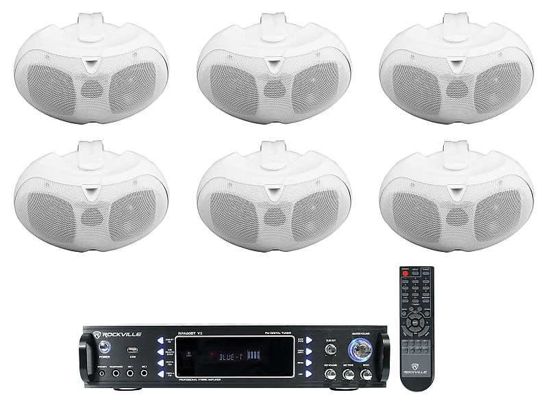 (6) Rockville D4-16 White Dual 4&quot; 16 Ohm Outdoor Home Patio Speakers+Receiver  			