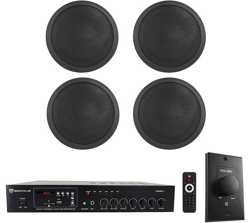 Rockville Commercial Restaurant Amp+(4) 5&quot; Black Ceiling Speakers+Wall Control  			