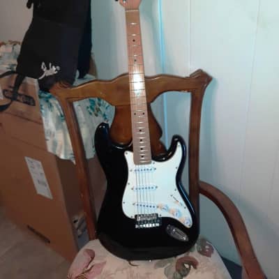 INDY CUSTOM Black with White pickguard strat style guitar, natural blond wooden neck early 2000's image 1