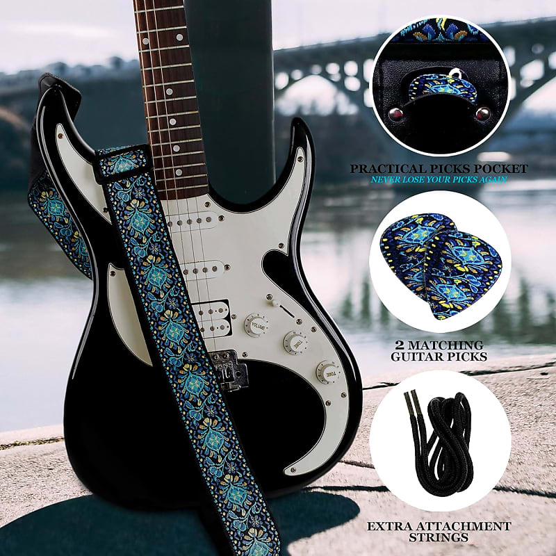  Hootenanny Guitar Strap For Acoustic Guitars , Electric Guitars  and Bass , Jacquard Weave Embroidered Adjustable Strap Includes 2 Strap  Locks To Keep Your Guitar Safe & 2 Unique Picks and