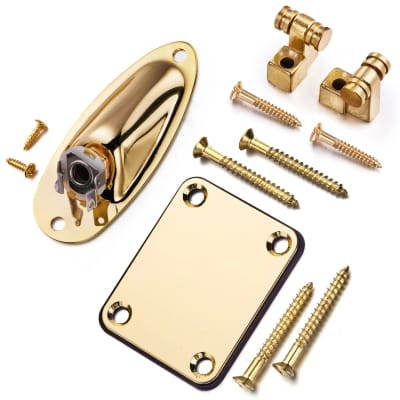 1 Set Gold Strat Style Guitar Jack Plate, String Trees with Neck Plate
