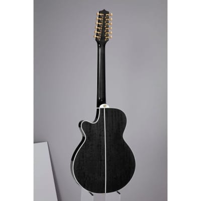 Takamine TSP158C12SBL Made in Japan 12-String Thinline Acoustic Electric Guitar with Spruce Top, Figured Maple Back and Sides, Ct-3N Electronics, Chrome Hardware, Semi-Hard Case (See-Thru Black Gloss) image 6
