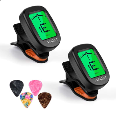 Clip On Guitar Tuner 2 Pack For All Instruments, Acoustic/Electric Guitar,  Ukulele, Bass, Violin, Banjo, Large Clear Lcd Display For Guitar Tuner,  Chromatic Tuner, 8 Pack Guitar Picks Included