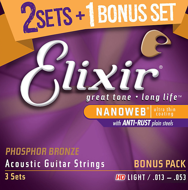 Elixir 16547 3-for-2 Nanoweb Phosphor Bronze Acoustic Guitar Strings - HD Light (13-53) 3-Pack image 1