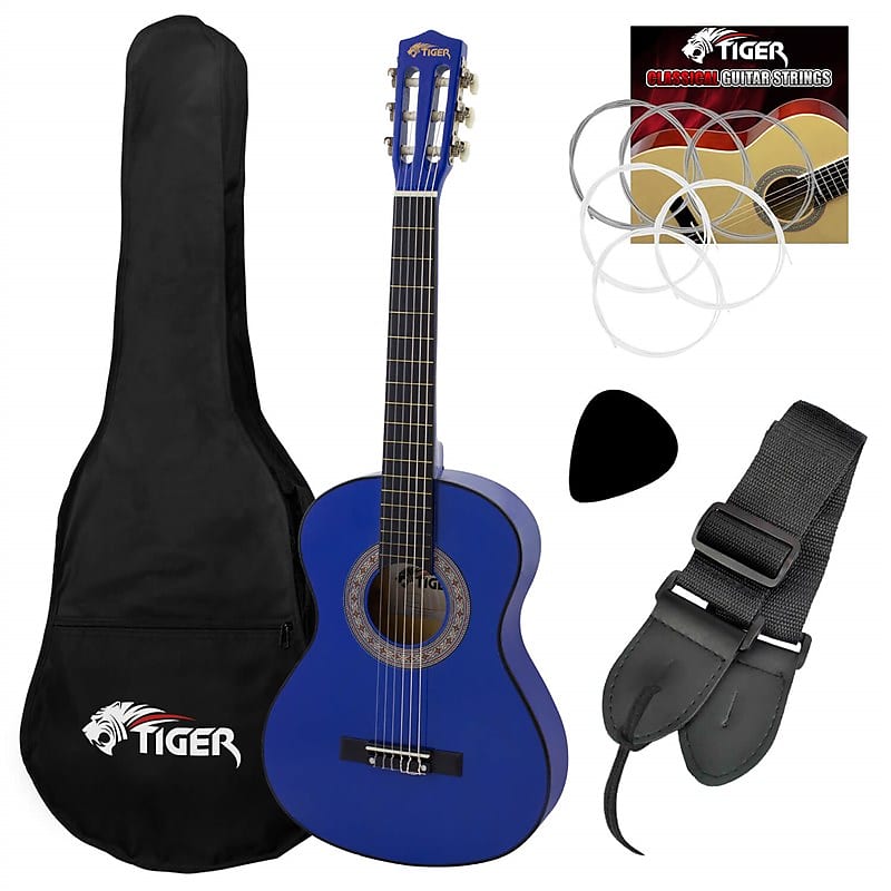 Tiger CLG4 Classical Guitar Starter Pack, 3/4 Size, Blue, Left Handed image 1