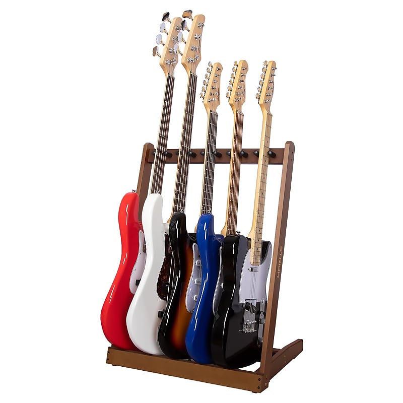 Guitar Stand for Multiple Guitars, Wood Guitar Rack for 5 Electric Guitar  Bass, or 3 Acoustic Guitars, Padded Floor Guitars Display Holder for Home,  Studio, Stage, SMT-10 Standard - Brown