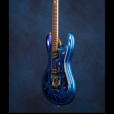 Mosrite [Vibramute Model] specially built for Mick Mars of Mötley Crüe by Semie Mosely 1991 Metallic blue/purple with flame pinstriping image 12