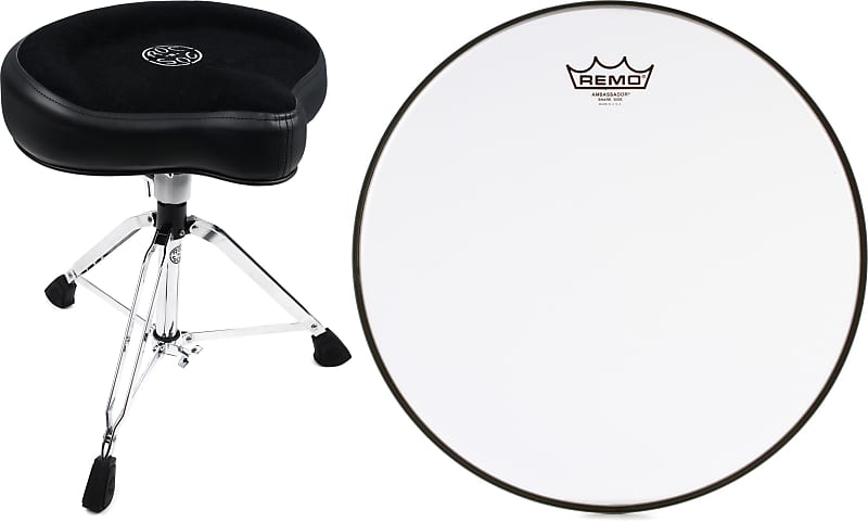 Roc-N-Soc Manual Spindle Drum Throne - Original Saddle Black  Bundle with Remo Ambassador Hazy Snare-side Drumhead - 14 inch image 1
