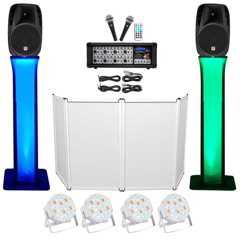 DJ Package w/Dual 15 Bluetooth Speakers+Mic+Tripod+Totem Stands+Facade+  Lights | Reverb