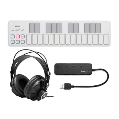 KORG nanoKEY 25-Key Slim-Line USB MIDI Controller (White) Bundle with Knox Gear Closed-Back Studio Monitor Headphones & 4-Port USB Hub image 1
