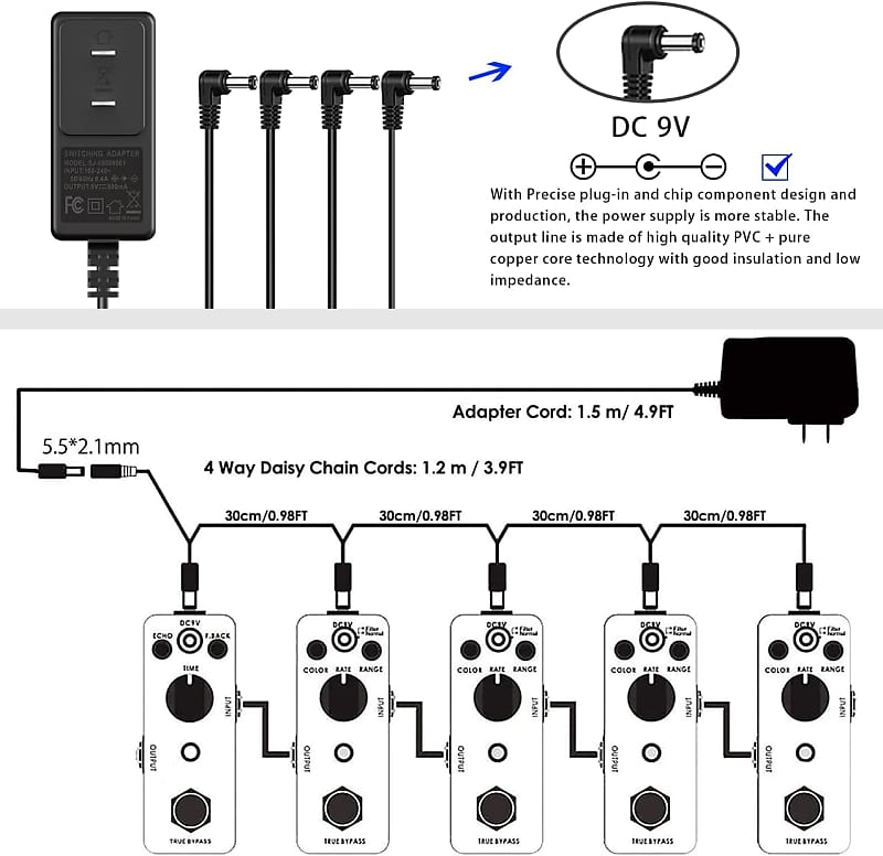 DC 9V Guitar Pedal Power Supply (800mA 1A) AC Wall Charger Reverb