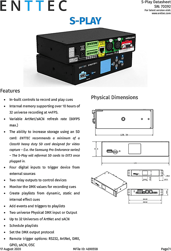Enttec 70092 Smart Player S-Play SP1-1 70092 DMX Playback, Editor