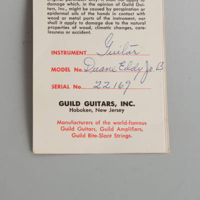 Guild  Duane Eddy Jr B Thinline Hollow Body Electric Guitar (1962), ser. #22169, original black hard shell case. image 12