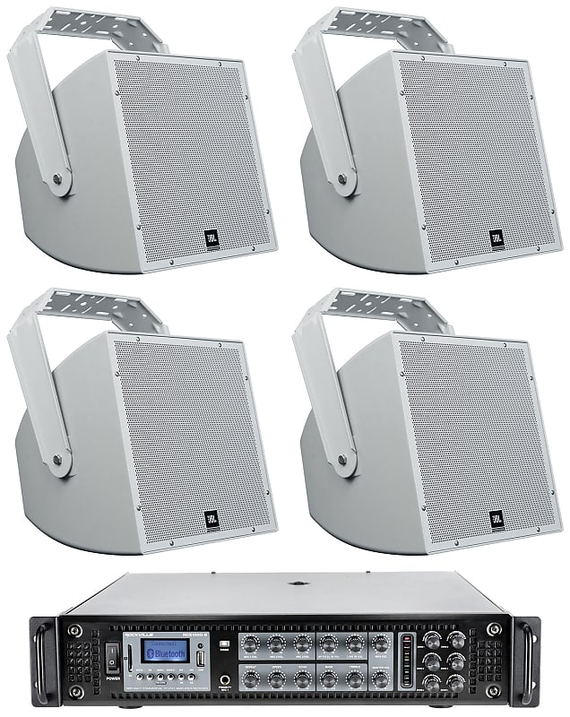 (4) JBL AWC129 12&quot; 200w Indoor/Outdoor 70V Surface Mount Commercial Speakers+Amp  			