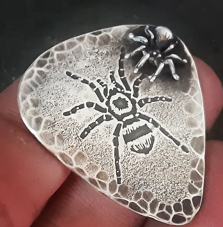 sterling silver guitar pick - playable with spiders - art guitar pick - collectible guitar pick image 1