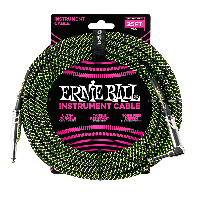 Ernie Ball 25ft  Black/Green Braided Straight/Angle Instrument cable P06066 image 1