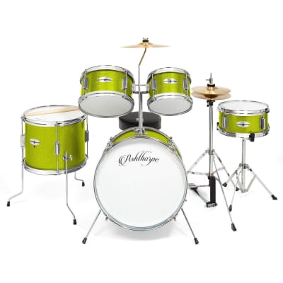 5-Piece Complete Junior Drum Set With Genuine Brass Cymbals - Advanced Beginner Kit With 16" Bass, Adjustable Throne, Cymbals, Hi-Hats, Pedals & Drumsticks - Green image 2